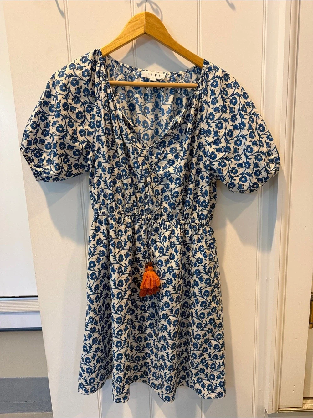 THML Blue and White Floral Mini Dress with Orange Tassel